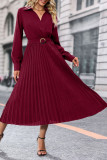 Solid Color Waist Cinching Pleated Dress