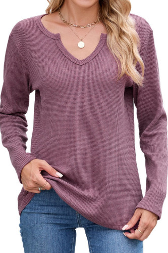 Waffle Solid Color V-Neck Long Sleeved T-Shirt