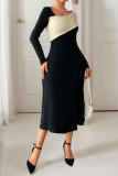 Irregular V-Neck Color Blocked Long Sleeve Dress