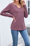 Waffle Solid Color V-Neck Long Sleeved T-Shirt
