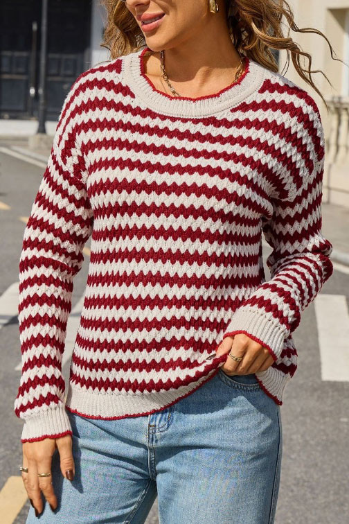 Striped Long Sleeved Knitted Round Neck Sweater