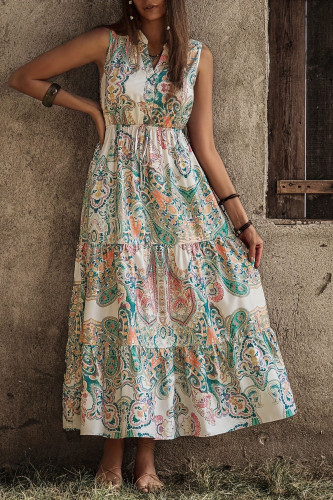 Ruffled Sleeveless Waist Cinching Printed Dress