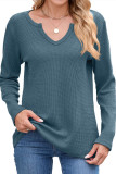 Waffle Solid Color V-Neck Long Sleeved T-Shirt