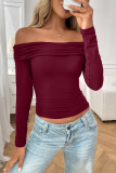 One Shoulder Long Sleeved Pleated Solid Color Shirt