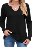 Waffle Solid Color V-Neck Long Sleeved T-Shirt