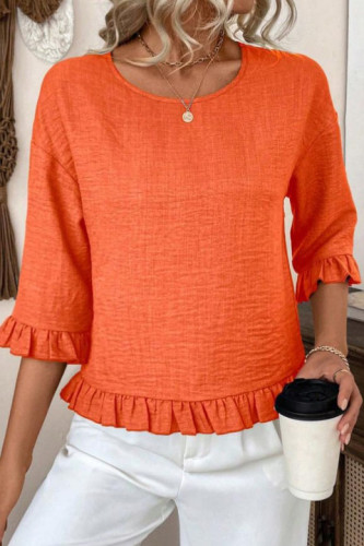 Round Neck Solid Color Ruffled Sleeve Shirt
