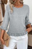 Round Neck Solid Color Ruffled Sleeve Shirt