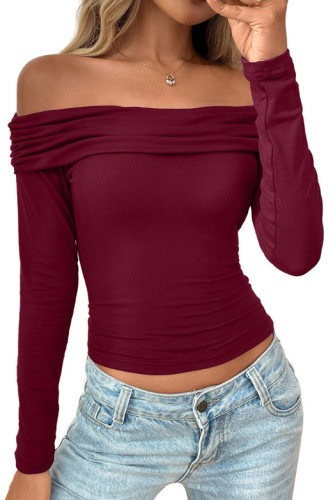 One Shoulder Long Sleeved Pleated Solid Color Shirt