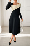 Irregular V-Neck Color Blocked Long Sleeve Dress