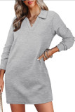 Lapel Solid Color Long Sleeved V-Neck Dress