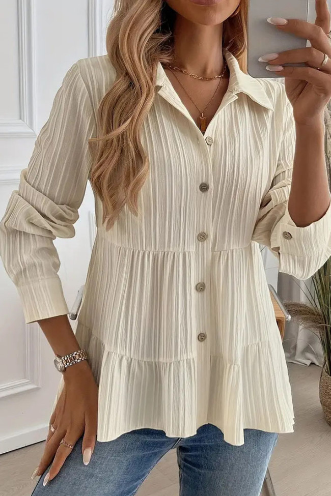 Solid Color Long Sleeved Lapel Pleated Shirt