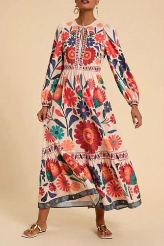 Printed Long Sleeved Waist Cinching Dress
