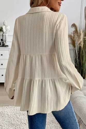 Solid Color Long Sleeved Lapel Pleated Shirt