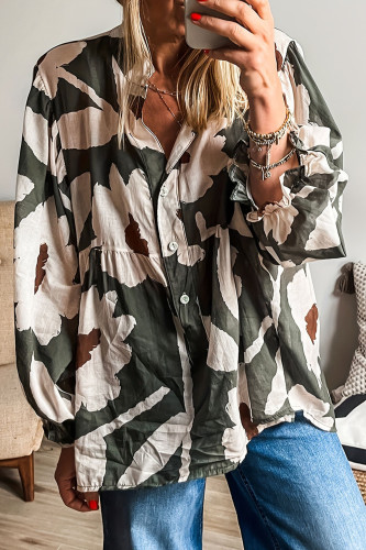 V-Neck Printed Ruffled Long Sleeved Shirt