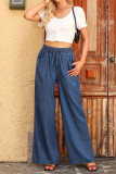 Solid Color Elastic High Waisted Wide Leg Pants