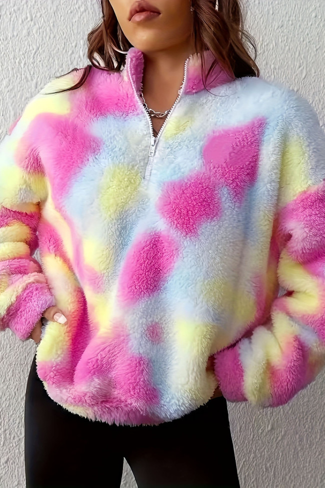 Tie Dye Printed Plush Zipper Cardigan Jacket