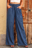 Solid Color Elastic High Waisted Wide Leg Pants