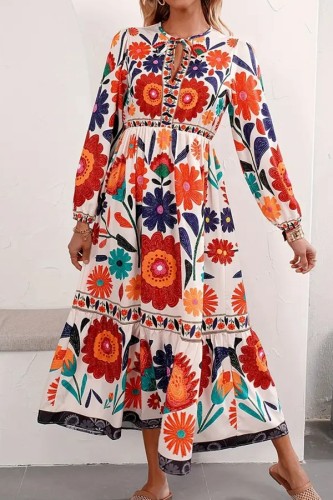 Printed Long Sleeved Waist Cinching Dress