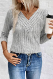 Solid Color V-Neck Long Sleeved T-Shirt