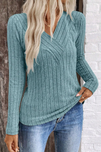 Solid Color V-Neck Long Sleeved T-Shirt