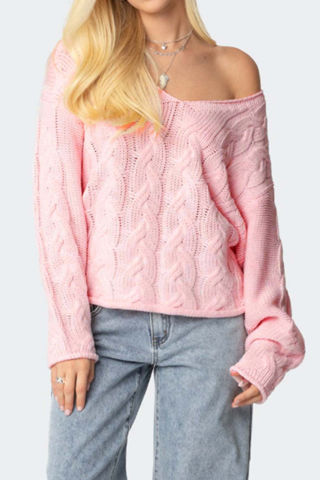 V-Neck Solid Color Long Sleeved Sweater