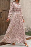 V-Neck Floral Print Ruffle Long Sleeved Dress