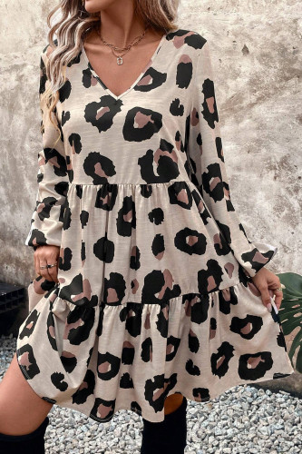 V-Neck Leopard Print Long Sleeved Loose Dress