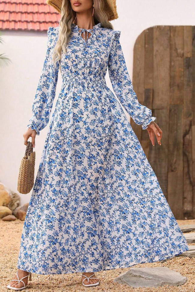 V-Neck Floral Print Ruffle Long Sleeved Dress