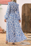V-Neck Floral Print Ruffle Long Sleeved Dress