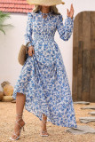 V-Neck Floral Print Ruffle Long Sleeved Dress