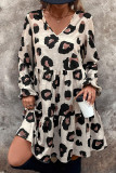 V-Neck Leopard Print Long Sleeved Loose Dress