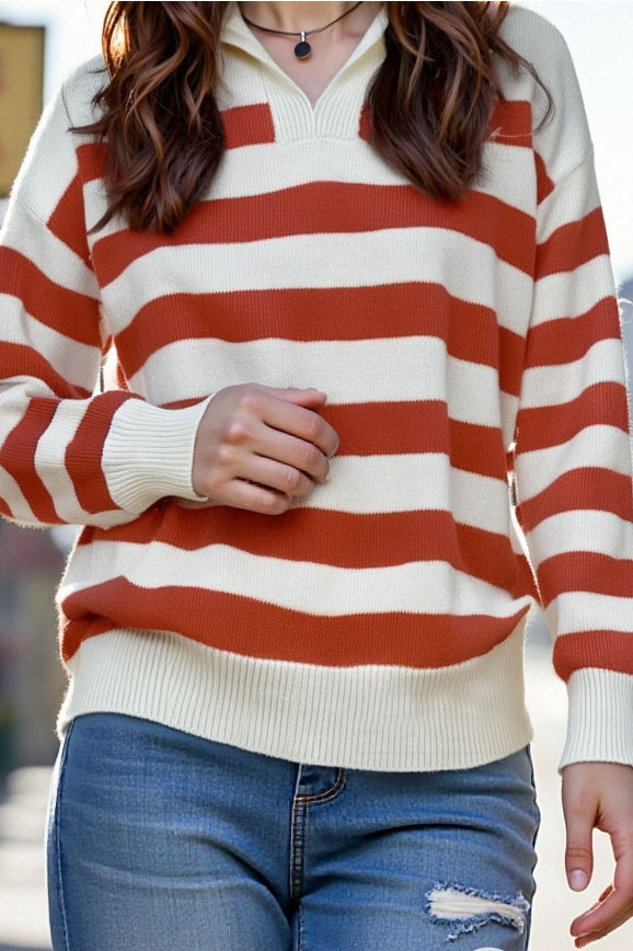 Striped Printed Lapel Long Sleeved Sweater
