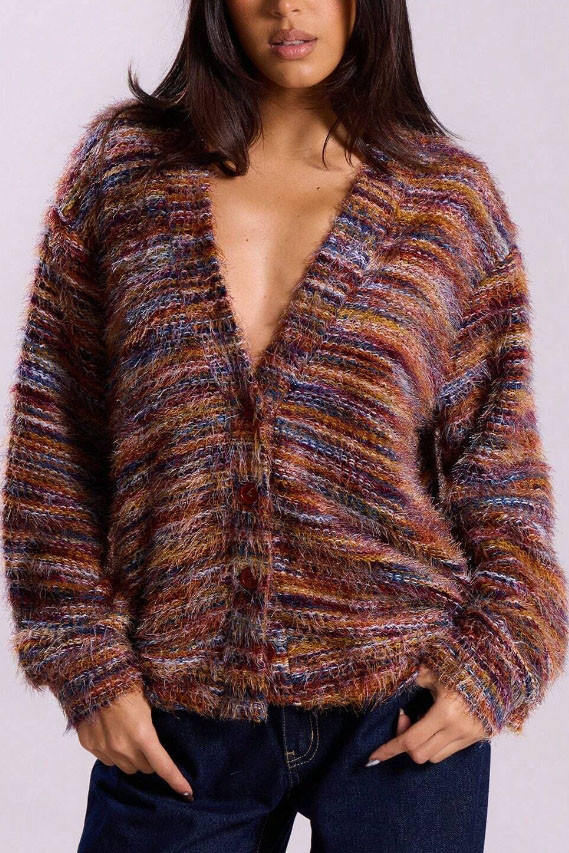 Vintage V-Neck Plush Long Sleeved Cardigan