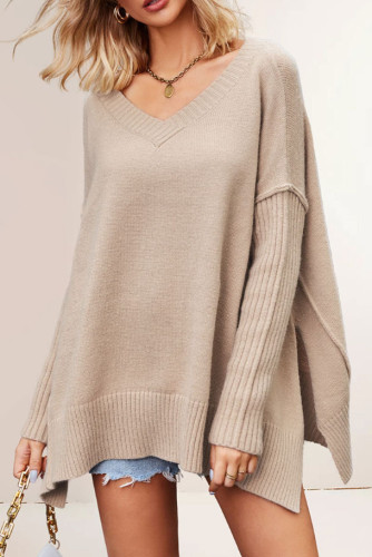 V-Neck Bat Long Sleeved Knitted Sweater
