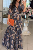 Printed V-neck Long Sleeved Waist Cinching Dress
