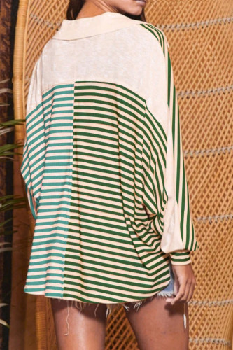 Polo Neck Striped Printed Loose Long Sleeve Shirt