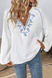 Ethnic Style V-neck Embroidered Pure Cotton Shirt