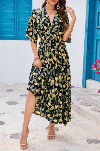 Printed Bat Short Sleeve Deep-V Waist Cinching Dress