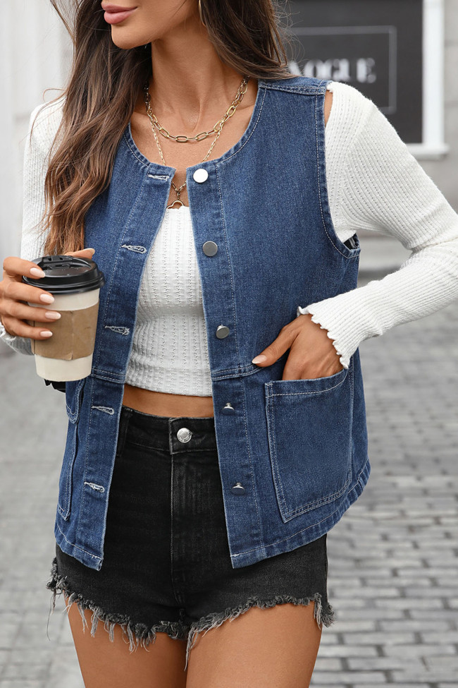 Solid Color Button Up Cardigan Denim Vest