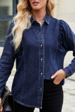 Solid Color Lapel Long Sleeved Denim Shirt