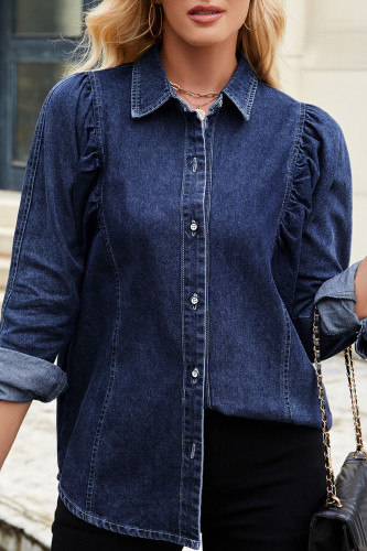 Solid Color Lapel Long Sleeved Denim Shirt