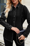 Solid Color Lapel Long Sleeved Denim Shirt