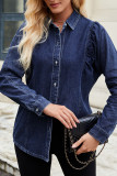 Solid Color Lapel Long Sleeved Denim Shirt