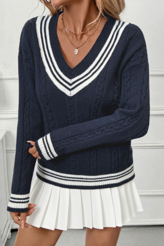 College Style V-neck Long Sleeved Sweater