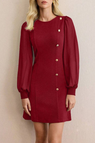 Round Neck Slim Fit Solid Color Long Sleeved Dress