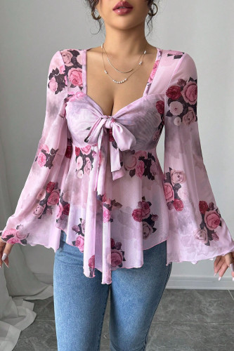 Square Neck Bow Long Sleeved Shirt