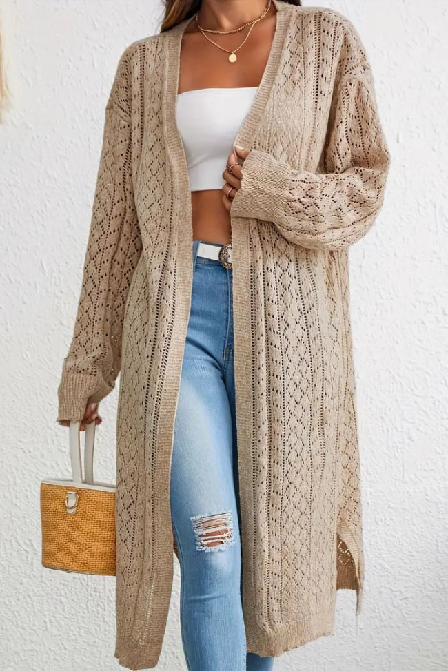 Large Size Solid Color Hollow Long Sleeved Cardigan