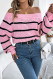 Striped Off Shoulder Lantern Sleeve Sweater