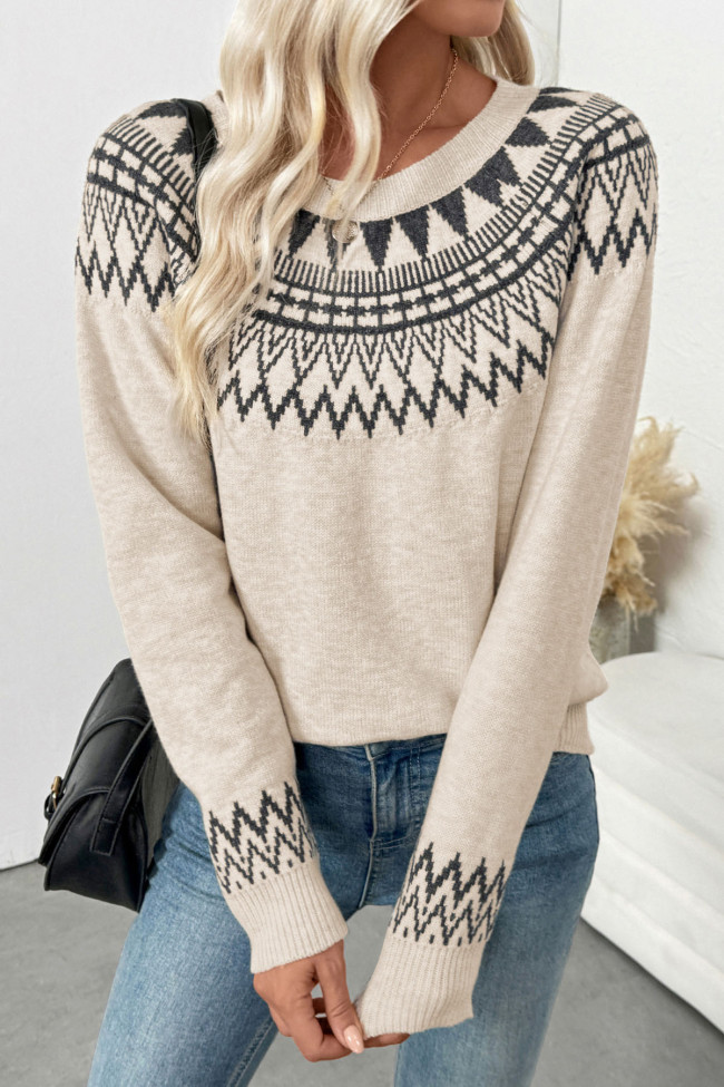 Ethnic Style Round Neck Long Sleeved Retro Sweater