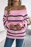 Striped Off Shoulder Lantern Sleeve Sweater